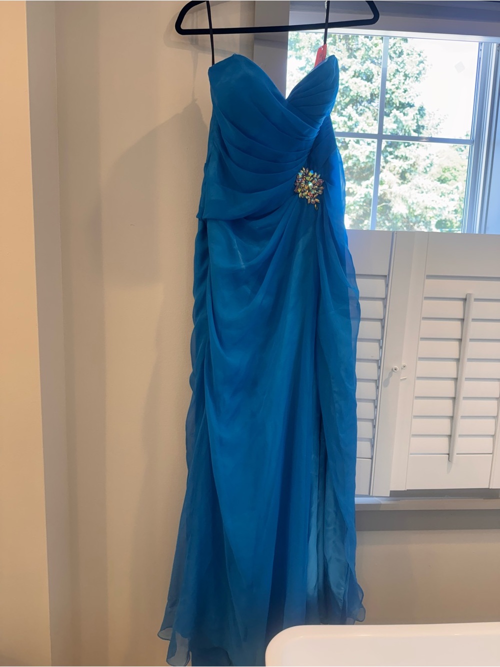 Elegant Teal Blue Strapless Evening Gown with Embellished Waist 12